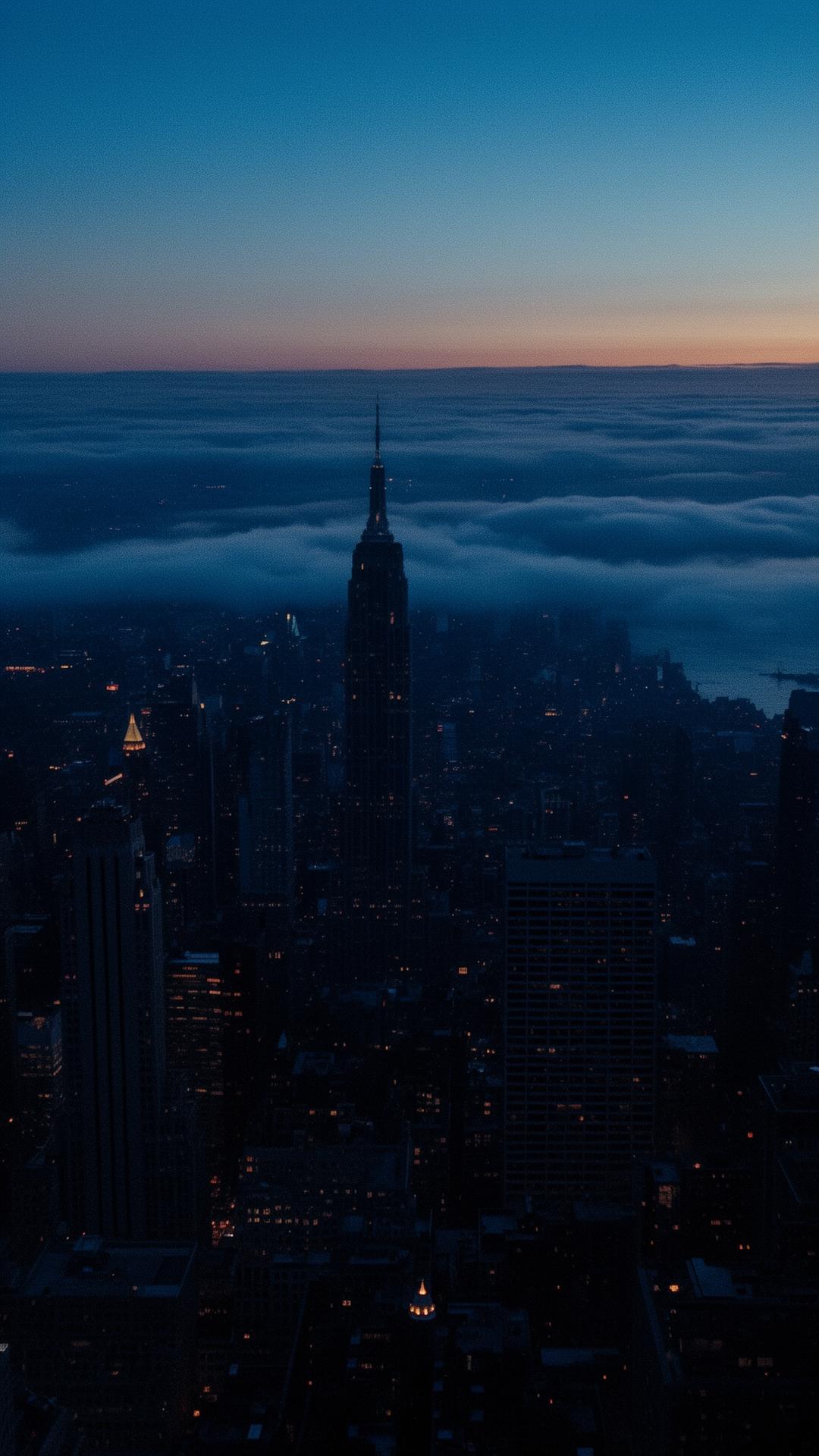 City skyline emerging through mist at blue hour