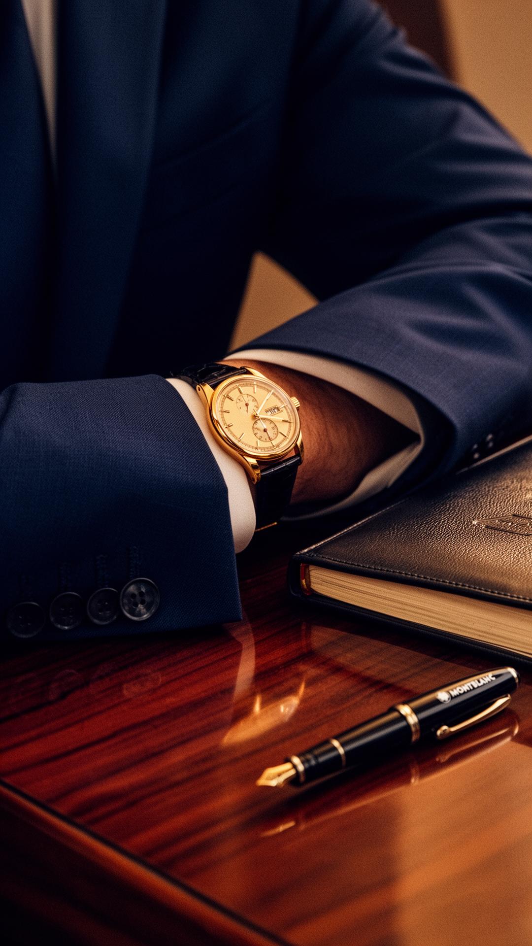 Tailored navy suit, gold timepiece and a leather journal on a mahogany desk